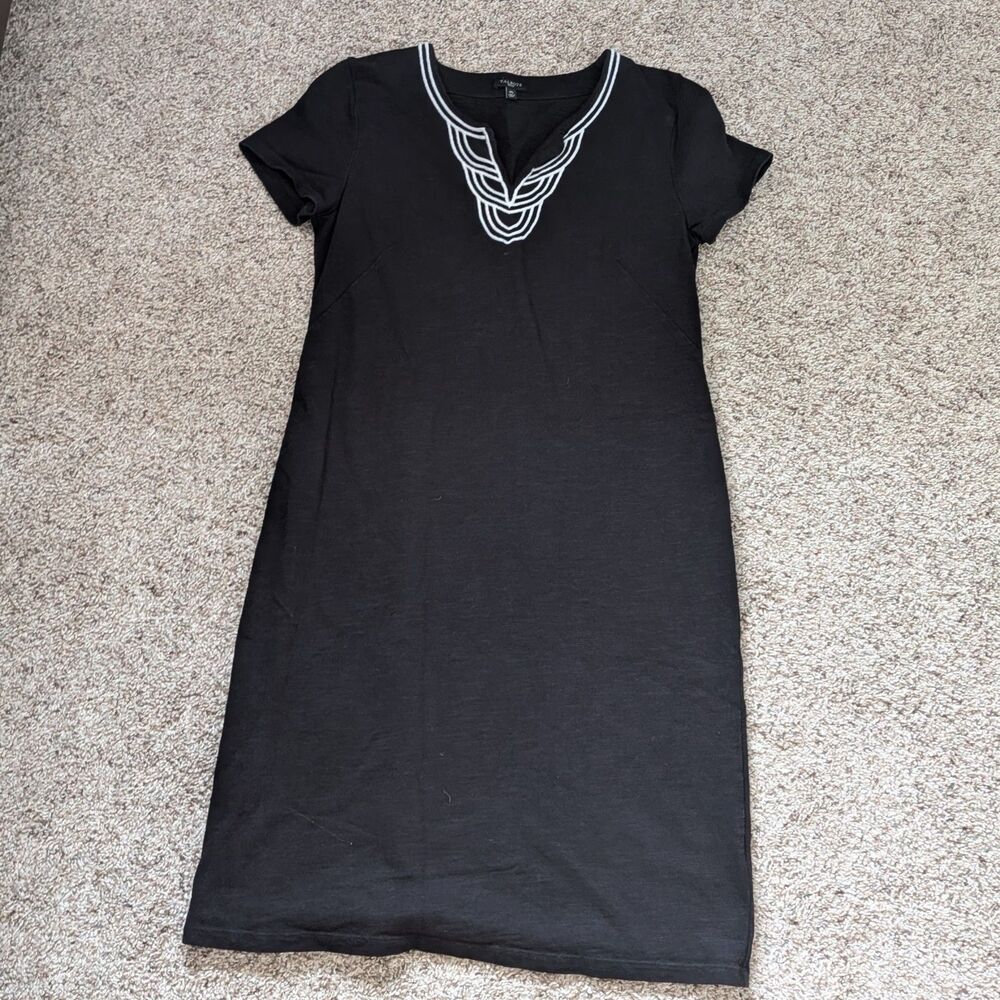 Talbots Black V-Neck Sheath Dress Medium Cotton Artful Embroidery Indie Capsule